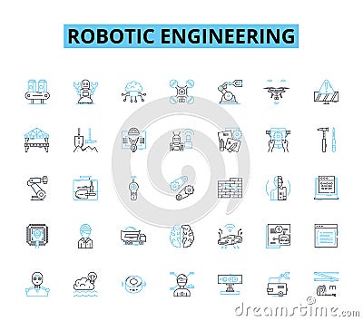 Robotic engineering linear icons set. Automation, Robotics, Innovation, Mechanization, Programming, Manufacture Vector Illustration