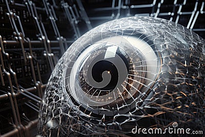 A robotic eye with AIpowered technology watching over a network of connected computers. . AI generation Stock Photo