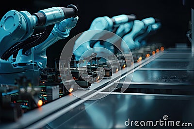 robotic hand assembling precision parts in assembly line Stock Photo