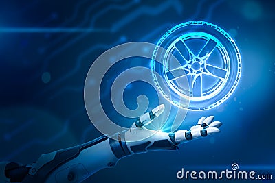 Robotic hand with car wheel tyre on neon blue background Stock Photo