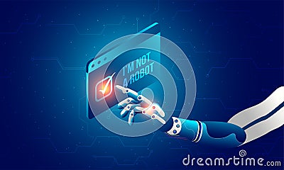 Robotic hand clicking on captcha 'I am not a robot '. Artificial Stock Photo