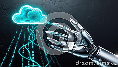 robotic hand connects to glowing cloud, uploading data with streams of binary code, symbolizing technology and innovation in Stock Photo