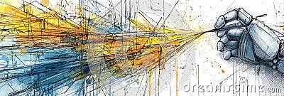 Robotic Hand Creating Abstract Art With Algorithmic Lines in Contemporary Studio Setting Stock Photo