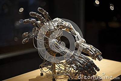 robotic hand, featuring multiple responsive and delicate fingers, performing intricate Stock Photo