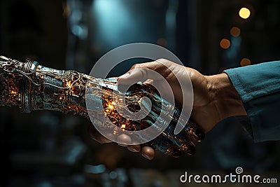 Robotic Hand Grasped Firmly by a Human Hand Stock Photo