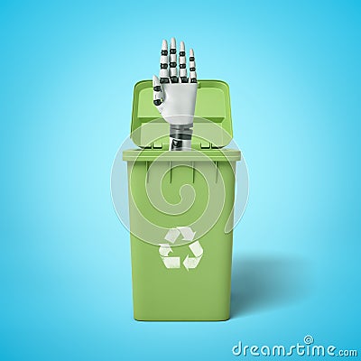 Robotic hand in a green trash bin on blue background Stock Photo
