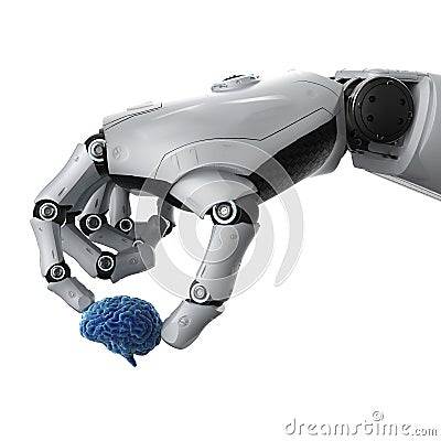 Robotic hand holding brain Stock Photo