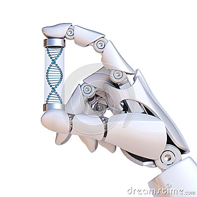 Robotic hand holding DNA sample, artificial intelligence concept, bionic brain 3d rendering Cartoon Illustration