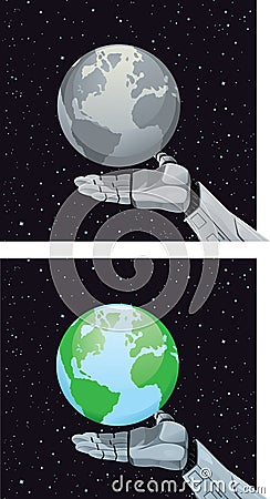 Robot hand holding planet Vector Illustration