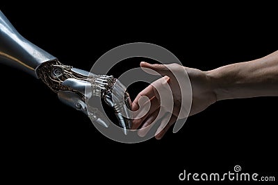 Robotic hand and human hand making physical contact. Artificial intelligence concept. Generative AI Stock Photo