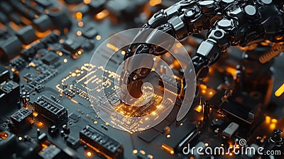 Robotic Hand Installing A Computer Circuit Board Stock Photo
