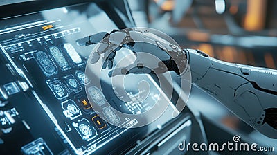 Robotic hand interacting with futuristic touchscreen display in advanced technology environment for artificial intelligence Stock Photo