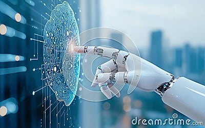 robotic hand interacts with digital brain interface symbolizing technology and innovation scene conveys sense of connection Stock Photo