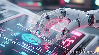 robotic hand interacts with futuristic holographic interface, adjusting data and optimizing efficiency in high tech environment. Stock Photo