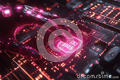 Futuristic Technology Interface with Robotic Hand and Digital Display for High-Tech Innovation Design Generative AI Stock Photo