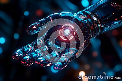 A robotic hand with an iron palm reaching towards a glowing button, symbolizing the integration of technology and human Stock Photo