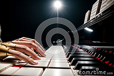 Robotic hand plays piano guided by ai Stock Photo