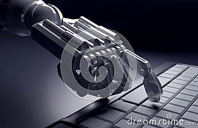Robotic Hand Pressing Enter Key On Keyboard. 3d rendering. worki Stock Photo