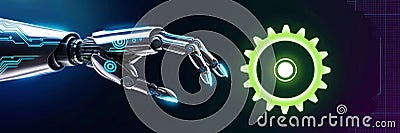 A robotic hand reaches towards a neon glowing gear icon, emphasizing the mechanization of problem-solving processes. Made with Stock Photo