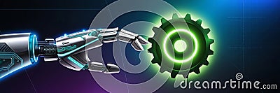 A robotic hand reaches towards a neon glowing gear icon, emphasizing the mechanization of problem-solving processes. Made with Stock Photo