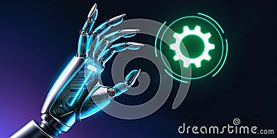 A robotic hand reaches towards a neon glowing gear icon, emphasizing the mechanization of problem-solving processes. Made with Stock Photo