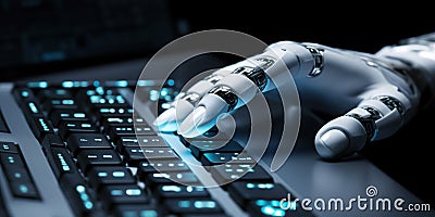 A robotic hand skillfully presses keys on a computer keyboard, seamlessly translating mechanical precision into digital Stock Photo
