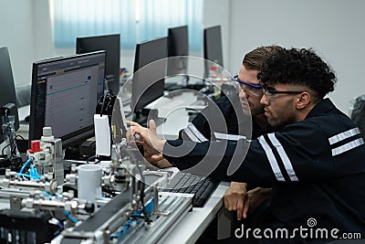 The robotic hand technology teacher is instructing new students on how to use electronic circuit boards and robotic hand commands Stock Photo