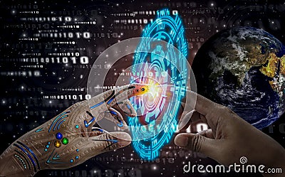 Robotic hand touch human hand, background deep space and technology icons,spirit of world,science advancement and human Medical Stock Photo
