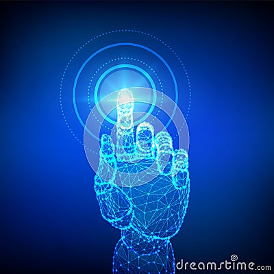 Robotic hand touching digital interface. Virtual reality. Touch the future low poly wireframe. Concept of communication world or Cartoon Illustration