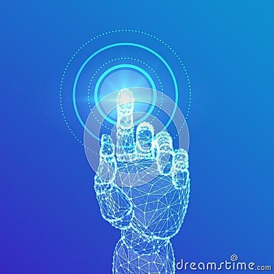 Robotic hand touching digital interface. Virtual reality. Touch the future low poly wireframe. Concept of communication world or Cartoon Illustration