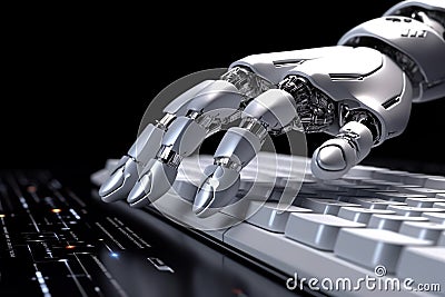 Robotic Hand Typing a Keyboard. ChatGPT concept. Generative AI. Stock Photo