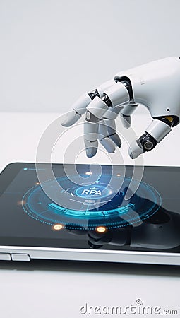 Robotic hand verifies accurate data using RPA software for seamless integration with business systems Stock Photo