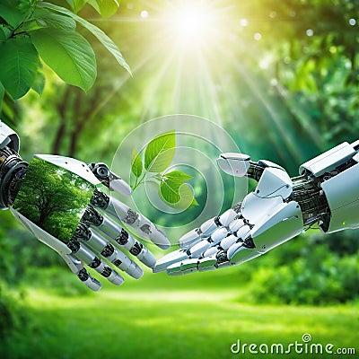 robotic hands on green nature background Cartoon Illustration