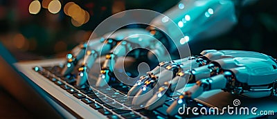 Robotic Hands Guide Users Through A Laptops Aipowered Chatbot Interface Stock Photo