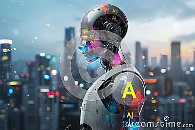 Robotic head with colorful AI symbols, representing the fusion of robotics and artificial intelligence in futuristic technology Stock Photo