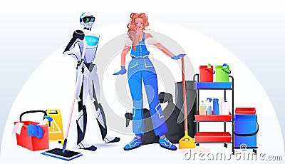 robotic janitor with woman cleaner robot vs human standing together cleaning service artificial intelligence technology Vector Illustration