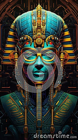 Robotic king tut pharaoh in an Egyptian-inspired sci-fi setting Stock Photo