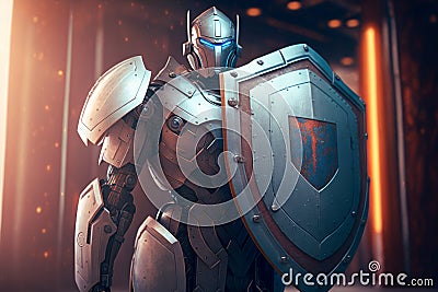 Robotic Knight with Shield Defending in Futuristic Matrix Cyberspace Environment, Concept of Cybersecurity and Stock Photo