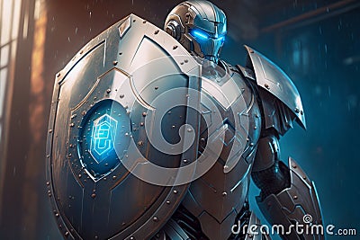 Robotic Knight with Shield Defending in Futuristic Matrix Cyberspace Environment, Concept of Cybersecurity and Stock Photo