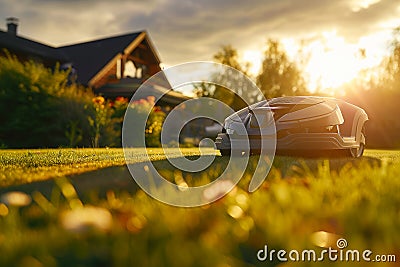 Robotic lawn mower on a backyard with fresh green grass and morning sunlight Stock Photo