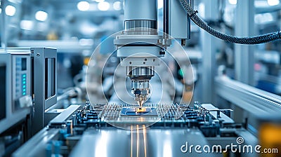 Robotic Machine Assembling Circuit Boards on Automated Production Line Stock Photo