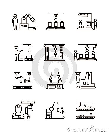 Robotic manufacturing assembly lines and automatic conveyor with manipulators line vector icons Vector Illustration