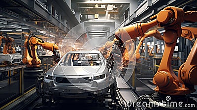 Robotic manufacturing site, robots with AI assembling cars, assembly line Stock Photo