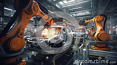 Robotic manufacturing site, robots with AI assembling cars, assembly line Stock Photo