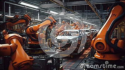 Robotic manufacturing site, robots with AI assembling cars, assembly line Stock Photo