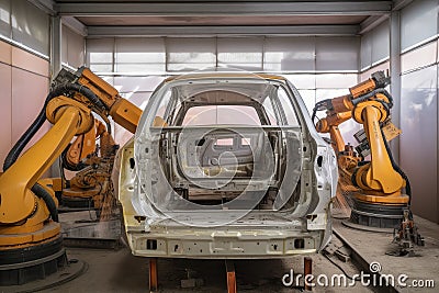 robotic painting and coating system, with multiple arm robots working on the same vehicle Stock Photo