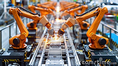 Robotic precision welding of car parts in fast line with dramatic lighting in busy auto plant Stock Photo