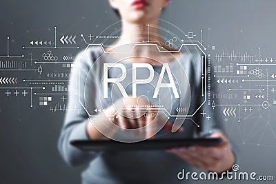 Robotic process automation concept with woman using a tablet Stock Photo