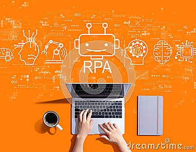 Robotic Process Automation theme with person using a laptop Stock Photo