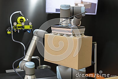 Robotic or robot arm for cardboard box packing Stock Photo